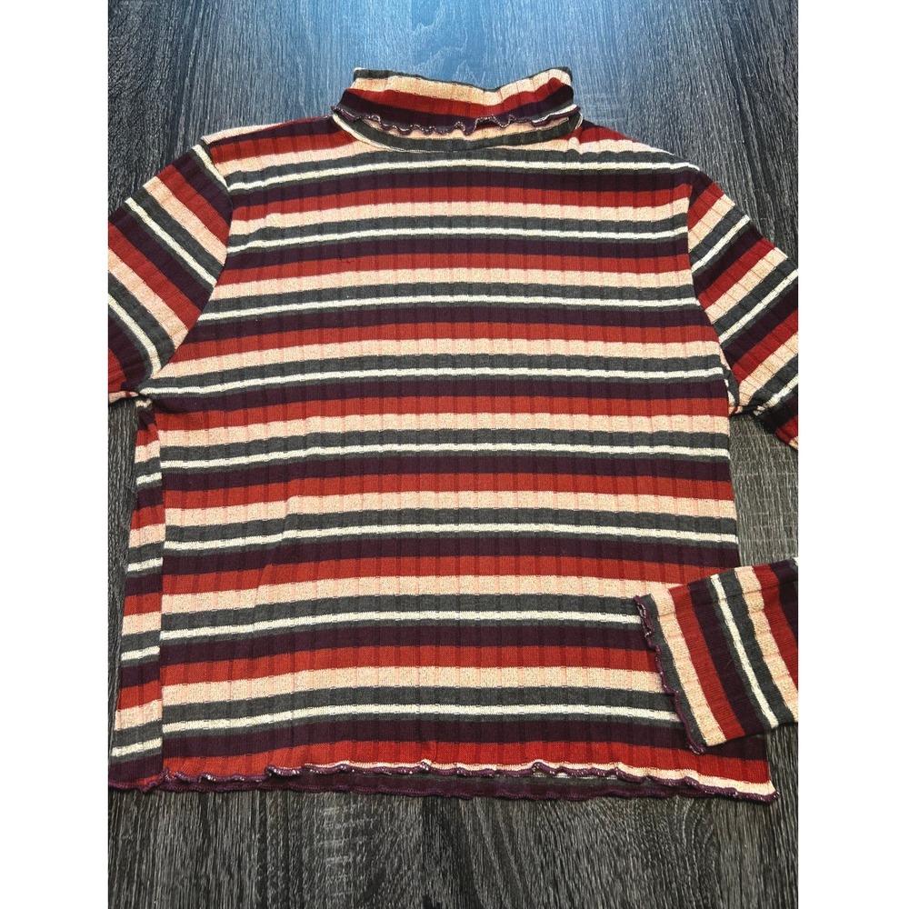 Charlotte Russe Striped Ribbed Mock Neck Lettuce Hem Top Multicolor Y2K Large